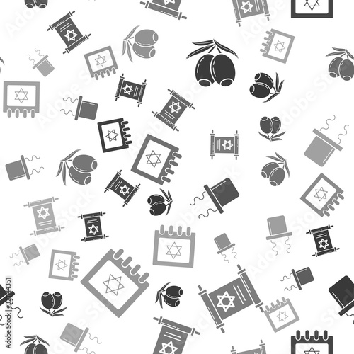 Set Olives branch, Torah scroll, Orthodox jewish hat with sidelocks and Jewish calendar with star of david on seamless pattern. Vector