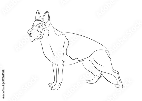 German Shepherd Dog. Vector outline stock illustration realistic lines silhouette for logo, print,tattoo, coloring book.