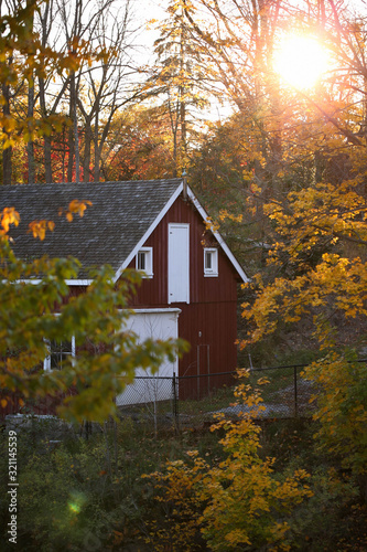 Fototapeta Naklejka Na Ścianę i Meble -  Red Barn with fall leaves