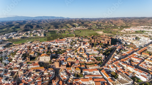 Silves village at the medieval fair, aerial view of the historic castle. Portugal Algarve