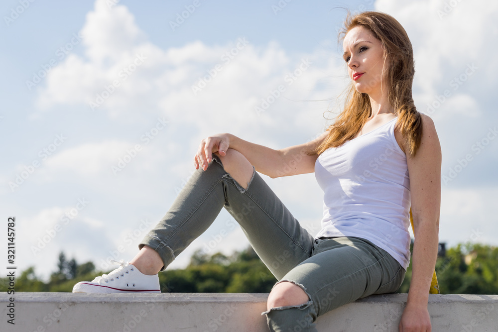 Girl casual clothing relaxing outdoor Girl casual clothing relaxing outdoor