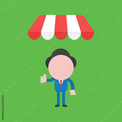 Vector illustration concept of businessman character giving thumbs up under shop awning on green background.