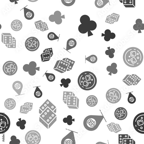 Set Playing card with clubs symbol, Casino location, Glass of whiskey and ice cubes and Game dice on seamless pattern. Vector