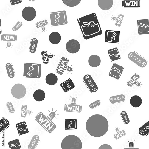 Set Glass of whiskey and ice cubes, Casino roulette wheel, Poker table and Casino win on seamless pattern. Vector
