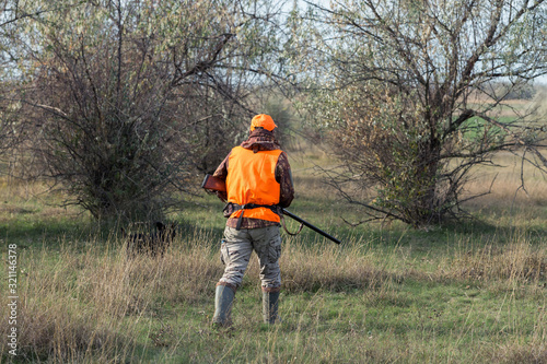 A man with a gun in his hands and an orange vest on a pheasant hunt in a wooded area in cloudy weather. Hunter with dogs in search of game. © Mountains Hunter