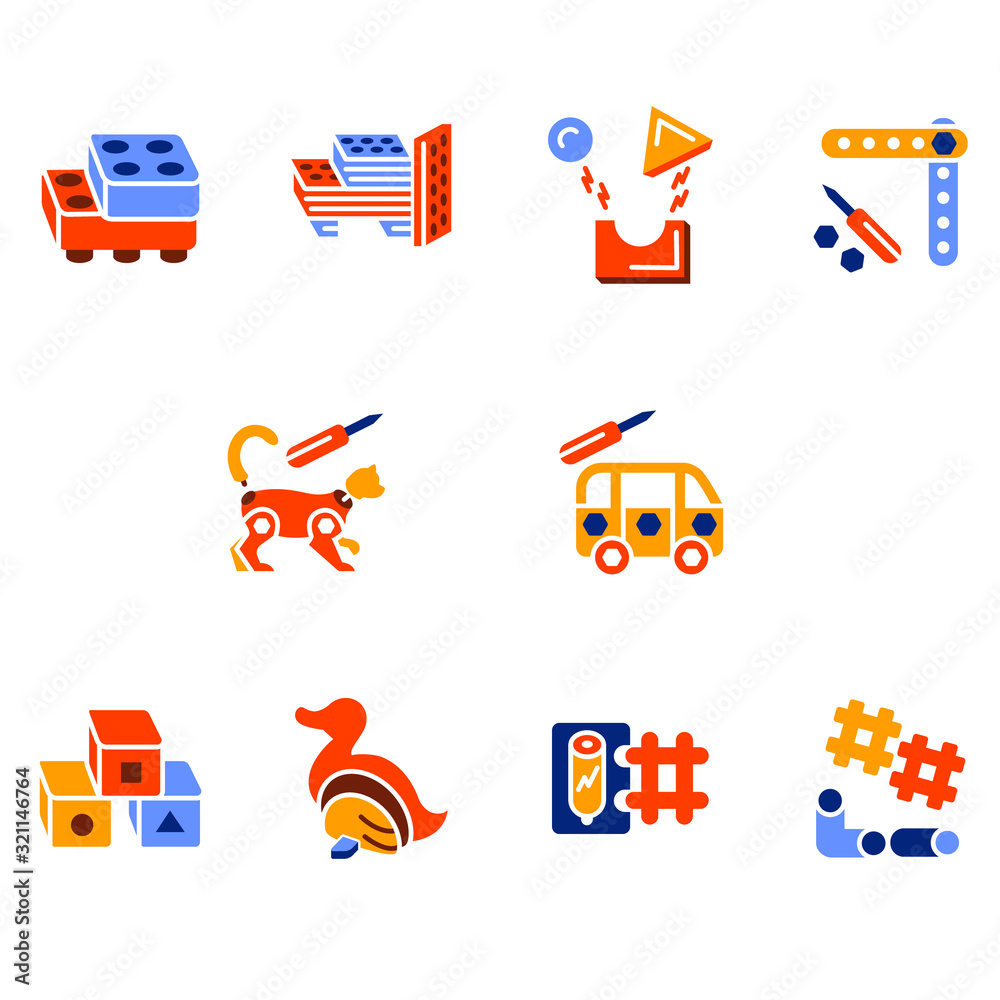 The building block toys icons set in colorful flat style