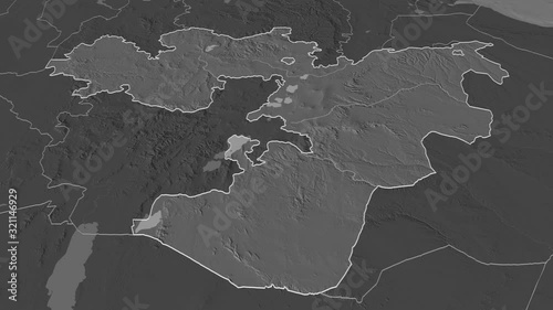 Oromia, state with its capital, zoomed and extruded on the bilevel map of Ethiopia in the conformal Stereographic projection. Animation 3D photo