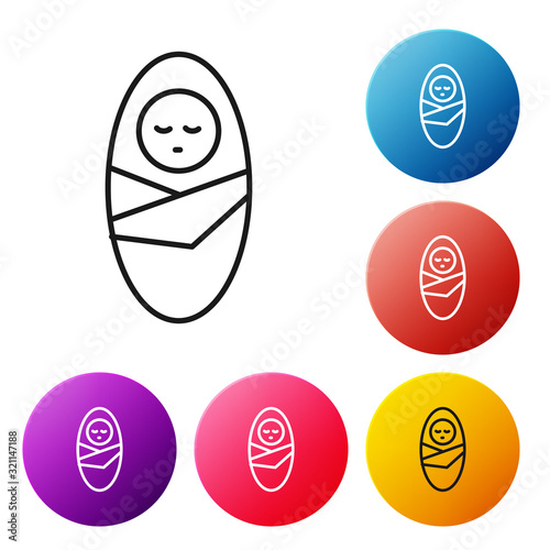 Black line Newborn baby infant swaddled or swaddling icon isolated on white background. Baby kid child wrapped in blanket clothes. Set icons colorful circle buttons. Vector Illustration