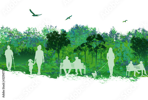 Beautiful landscape scene with people on park