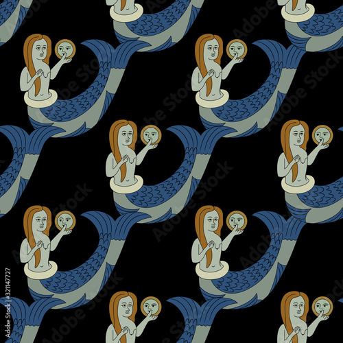 Seamless geometrical pattern with medieval mermaids. Illuminated manuscript motif.
