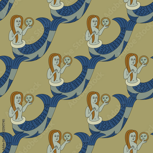 Seamless geometrical pattern with medieval mermaids. Illuminated manuscript motif.