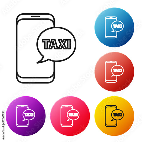 Black line Taxi call telephone service icon isolated on white background. Taxi for smartphone. Set icons colorful circle buttons. Vector Illustration