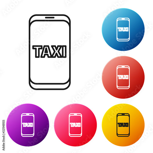 Black line Taxi call telephone service icon isolated on white background. Taxi for smartphone. Set icons colorful circle buttons. Vector Illustration