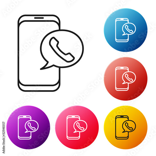 Black line Taxi call telephone service icon isolated on white background. Taxi for smartphone. Set icons colorful circle buttons. Vector Illustration