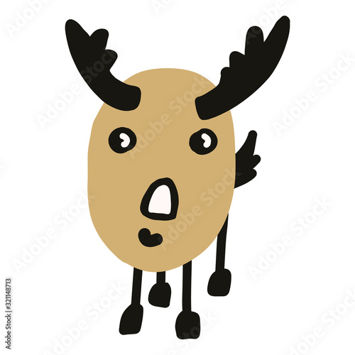 Kawaii doodle antlered deer clipart. Hand drawn naive game animal. Stag with horns cute illustration in flat color. Isolated horn, antler, hunt, season, whitetail. Vector EPS 10. 
