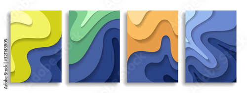 Collection of modern designer covers. Paper cut wavy layers. Gradation of color. Eps10 vector