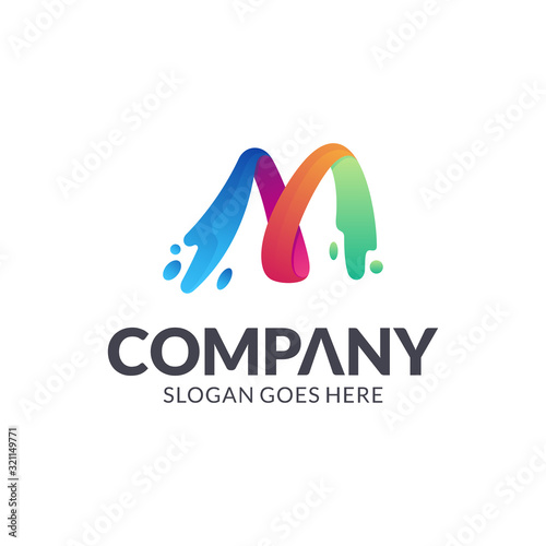 Letter M water splash vector logo design, colorful liquid initial letter logo template, abstract company brand identity, 3d gradient color style