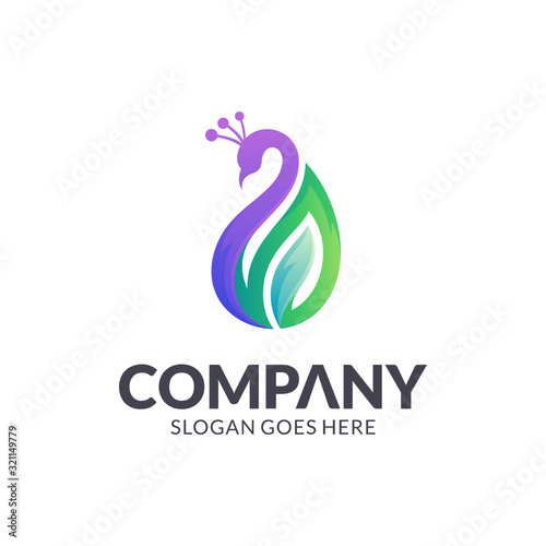 Peacock combined with leaf logo design, green peacock vector icon illustration.