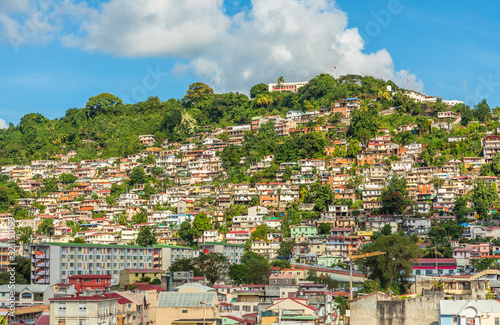 Fototapeta Naklejka Na Ścianę i Meble -  Lots of shantytown favelas on the hill, Fort De France, Martinique, French overseas department