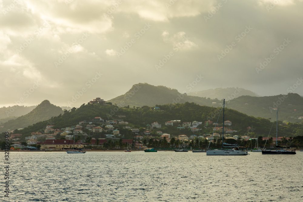 Sunrise view of Rodney bay with yachts anchored in the lagoon, Saint Lucia, Caribbean sea