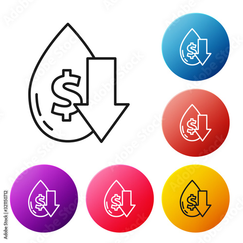 Black line Drop in crude oil price icon isolated on white background. Oil industry crisis concept. Set icons colorful circle buttons. Vector Illustration