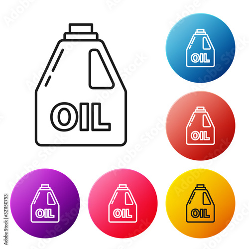Black line Plastic canister for motor machine oil icon isolated on white background. Oil gallon. Oil change service and repair. Set icons colorful circle buttons. Vector Illustration