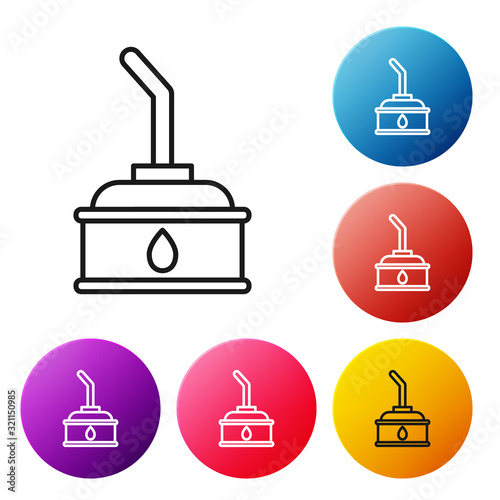 Black line Canister for motor machine oil icon isolated on white background. Oil gallon. Oil change service and repair. Set icons colorful circle buttons. Vector Illustration
