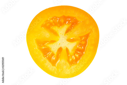 Closeup photo of a top view on red sliced tomato isolated over white background