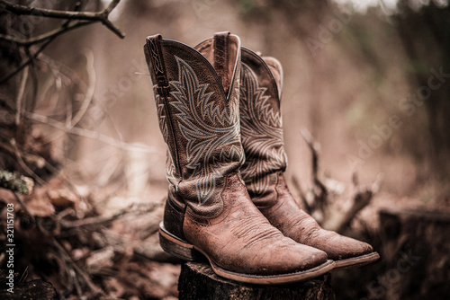 Worn western style cowboy boots sitting outside on a tree stump in Texas Fototapeta