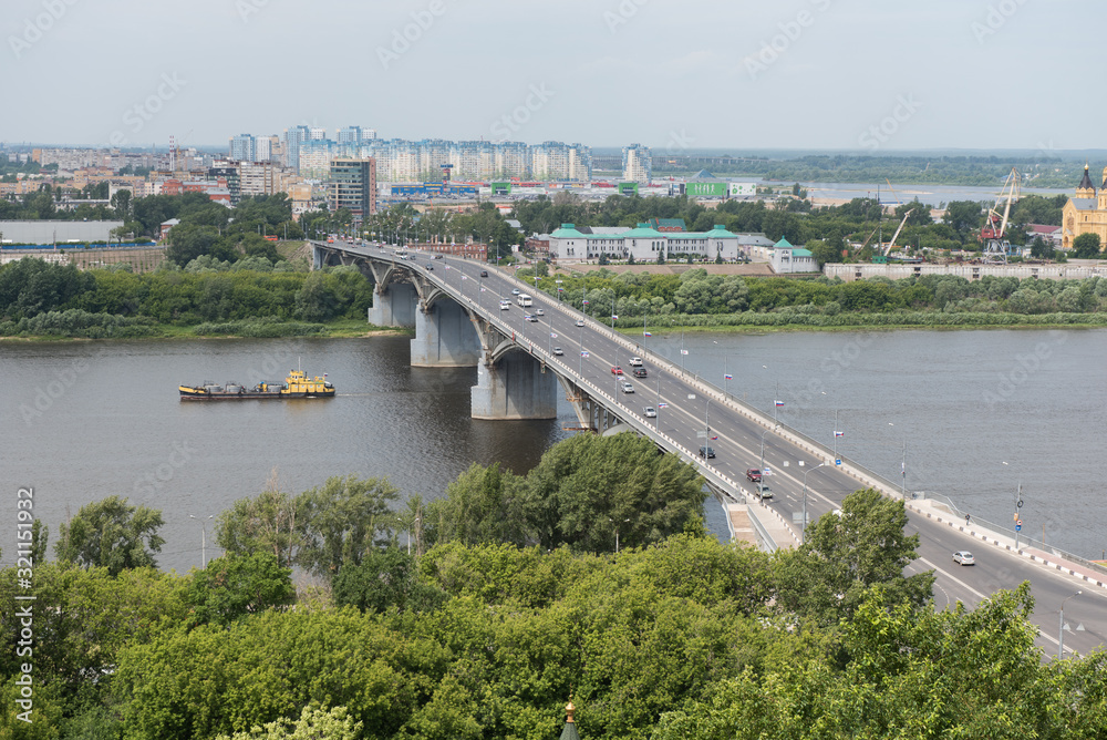 Transport on Kanavinskiy bridge over river Oka in Nizhniy Novgorod city Transport on Kanavinskiy bridge over river Oka in Nizhniy Novgorod city