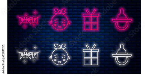 Set line Happy little girl head, Gift box, Carnival garland with flags and Baby dummy pacifier. Glowing neon icon on brick wall. Vector