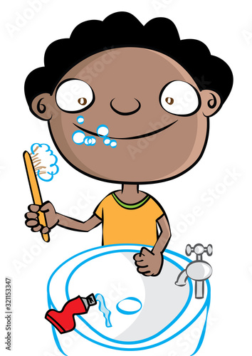 unny cute black boy brushing teeth