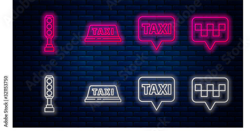 Set line Taxi car roof, Map pointer with taxi, Traffic light and Map pointer with taxi. Glowing neon icon on brick wall. Vector