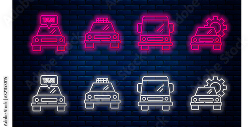 Set line Taxi car, Car, Taxi car and Car service. Glowing neon icon on brick wall. Vector