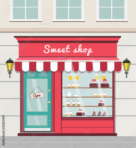Sweet shop in a flat style. Classic facade of London, Paris and other European cities.  