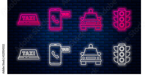 Set line Taxi call telephone service, Taxi car, Taxi car roof and Traffic light. Glowing neon icon on brick wall. Vector