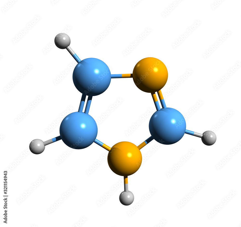 3D image of imidazole skeletal formula - molecular chemical structure of Glyoxaline isolated on white background 3D image of imidazole skeletal formula - molecular chemical structure of Glyoxaline isolated on white background