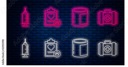 Set line Clipboard with medical clinical record pet, Canned food, Syringe with pet vaccine and Pet first aid kit. Glowing neon icon on brick wall. Vector