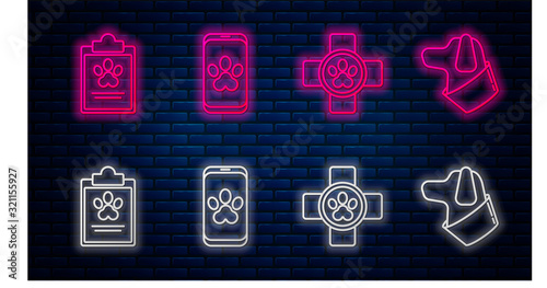 Set line Online veterinary clinic symbol, Veterinary clinic symbol, Clipboard with medical clinical record pet and Dog. Glowing neon icon on brick wall. Vector