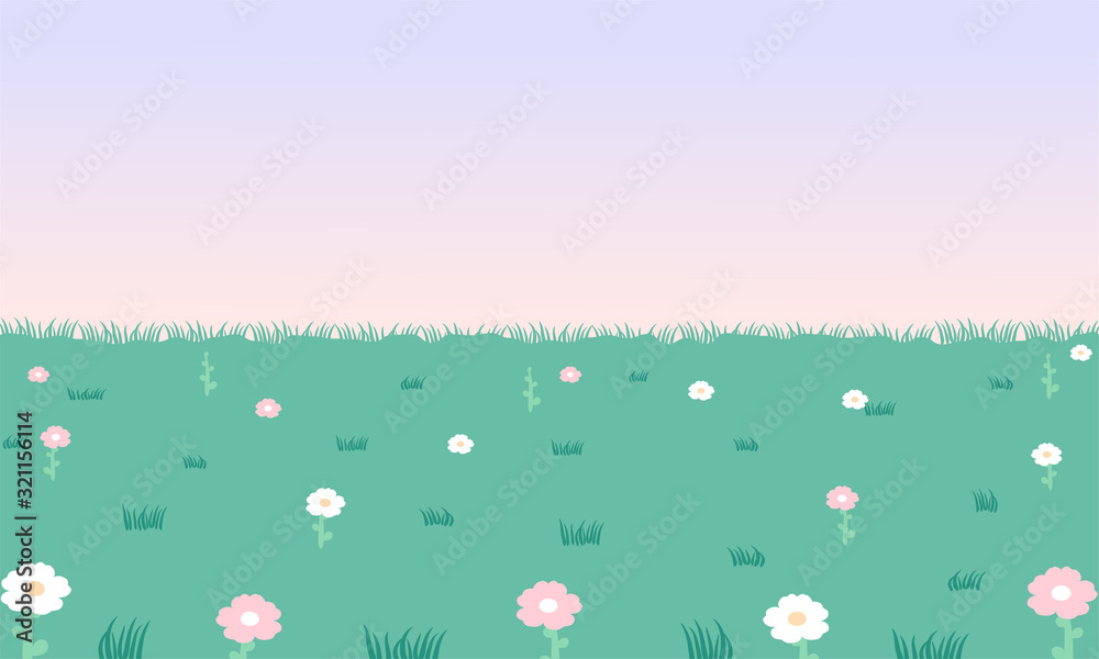Nature green landsacpe. Flower and grass at blue sky. Vector illustration.