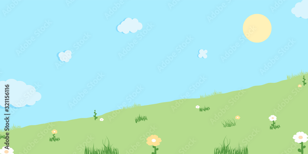Nature green landscape. Sun and flower with grass at blue sky.