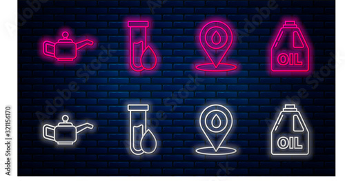 Set line Oil petrol test tube, Refill petrol fuel location, Canister for motor machine oil and Canister for motor machine oil. Glowing neon icon on brick wall. Vector
