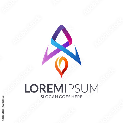 Arrow rocket logo design, colorful spaceship logo template, vector rocket.