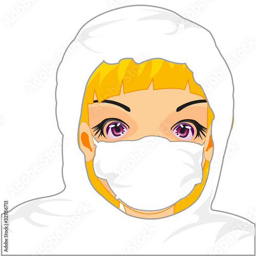 Girl physician in defensive suit and mask