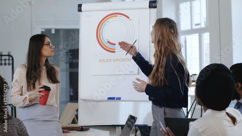 Slika na platnu Positive young boss business woman giving directions to multiethnic partners at modern office sales training seminar