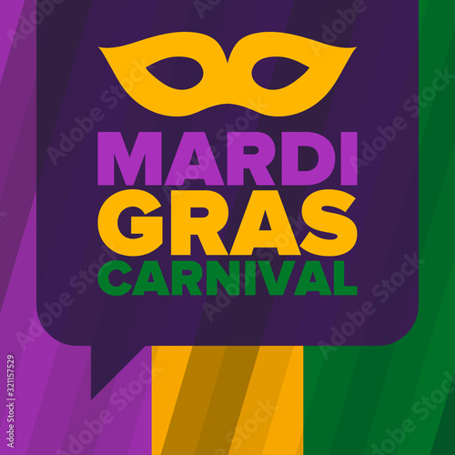 Mardi Gras Carnival in New Orleans. Fat Tuesday. Traditional holiday  celebration annual. Folk festival  costume masquerade  fun party. Carnival mask. Poster  card  banner and background. Vector illus