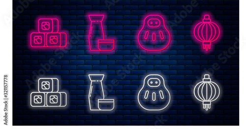 Set line Traditional Japanese tea ceremony, Maneki neko cat, Sushi and Japanese paper lantern. Glowing neon icon on brick wall. Vector