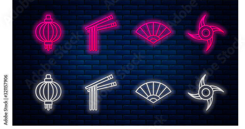 Set line Asian noodles and chopsticks, Paper chinese or japanese folding fan, Japanese paper lantern and Japanese ninja shuriken. Glowing neon icon on brick wall. Vector