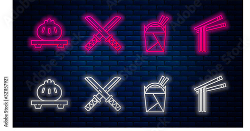 Set line Traditional Japanese katana, Asian noodles in paper box and chopsticks, Dumpling on cutting board and Asian noodles and chopsticks. Glowing neon icon on brick wall. Vector
