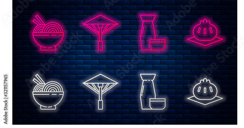 Set line Japanese umbrella from the sun, Traditional Japanese tea ceremony, Asian noodles in bowl and chopsticks and Khinkali on cutting board. Glowing neon icon on brick wall. Vector